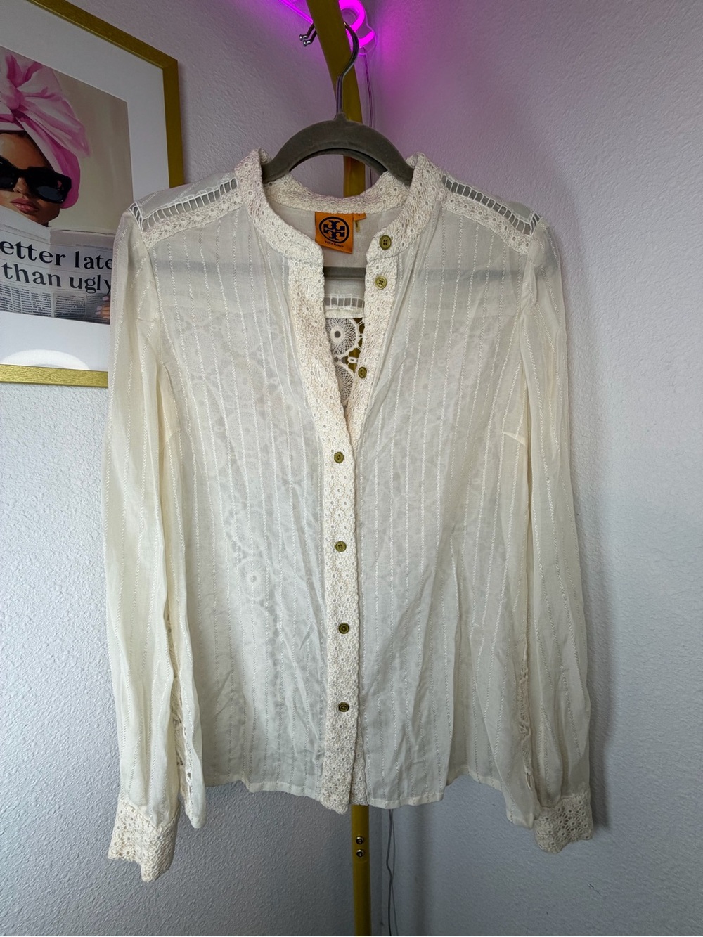 Tory Burch Ivory Crochet Lace Button-Up Blouse Bohemian